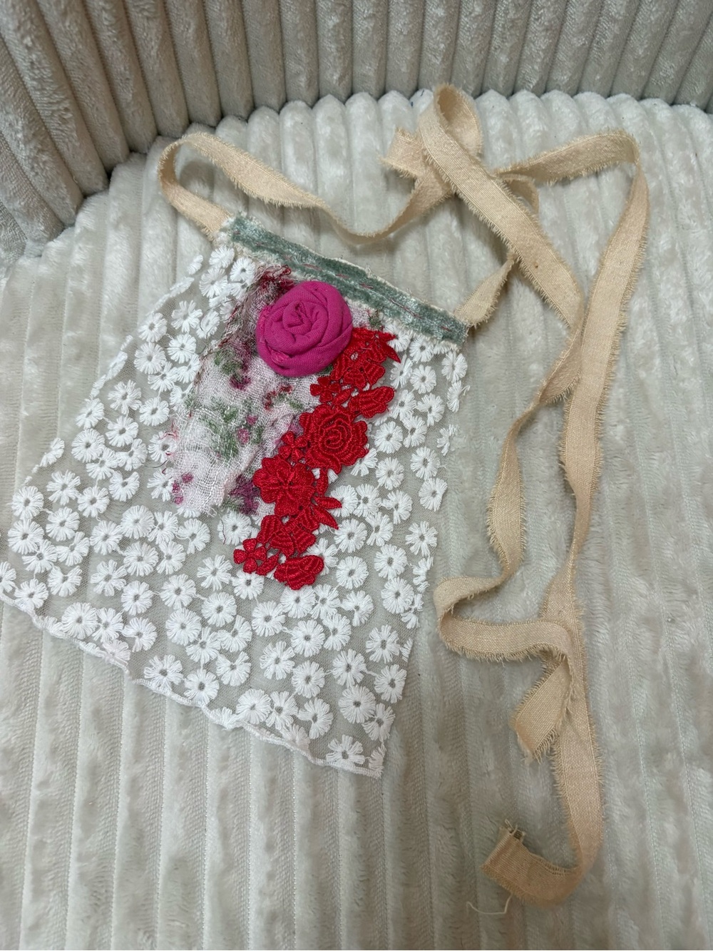 Floral Lace Jabot with Pink Rosette